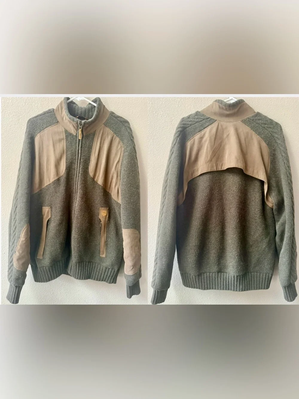 Vtg. Eddie Bauer Merino Green Wool Canvas Patches Cable-Knit Zip Up Sweater Sz.L